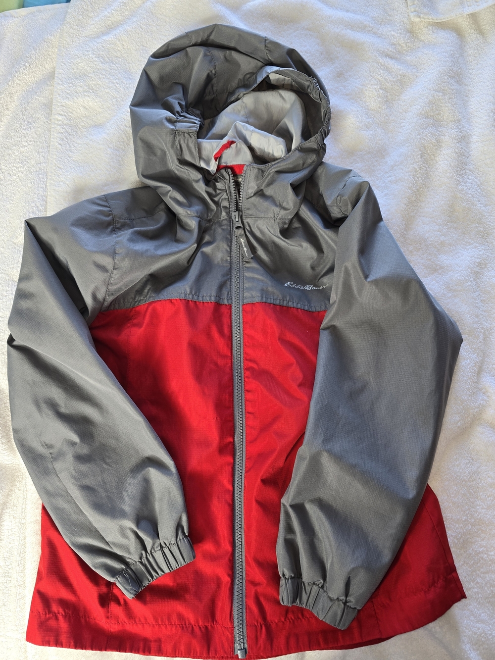 Eddie Bauer Kids Hooded Rain Jacket in Gray & Red Medium